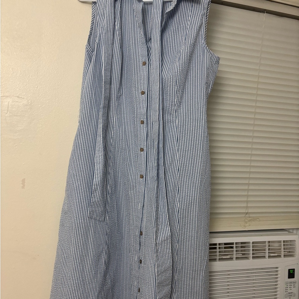 Anne Klein Blue and White Striped Midi Shirt Dress